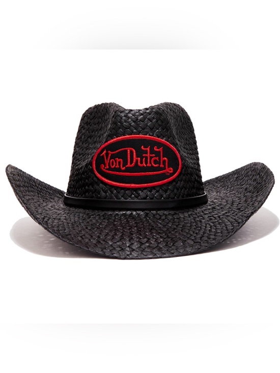 Von Dutch Accessories - Von Dutch Black Straw Cowboy Hat with Red Logo Patch